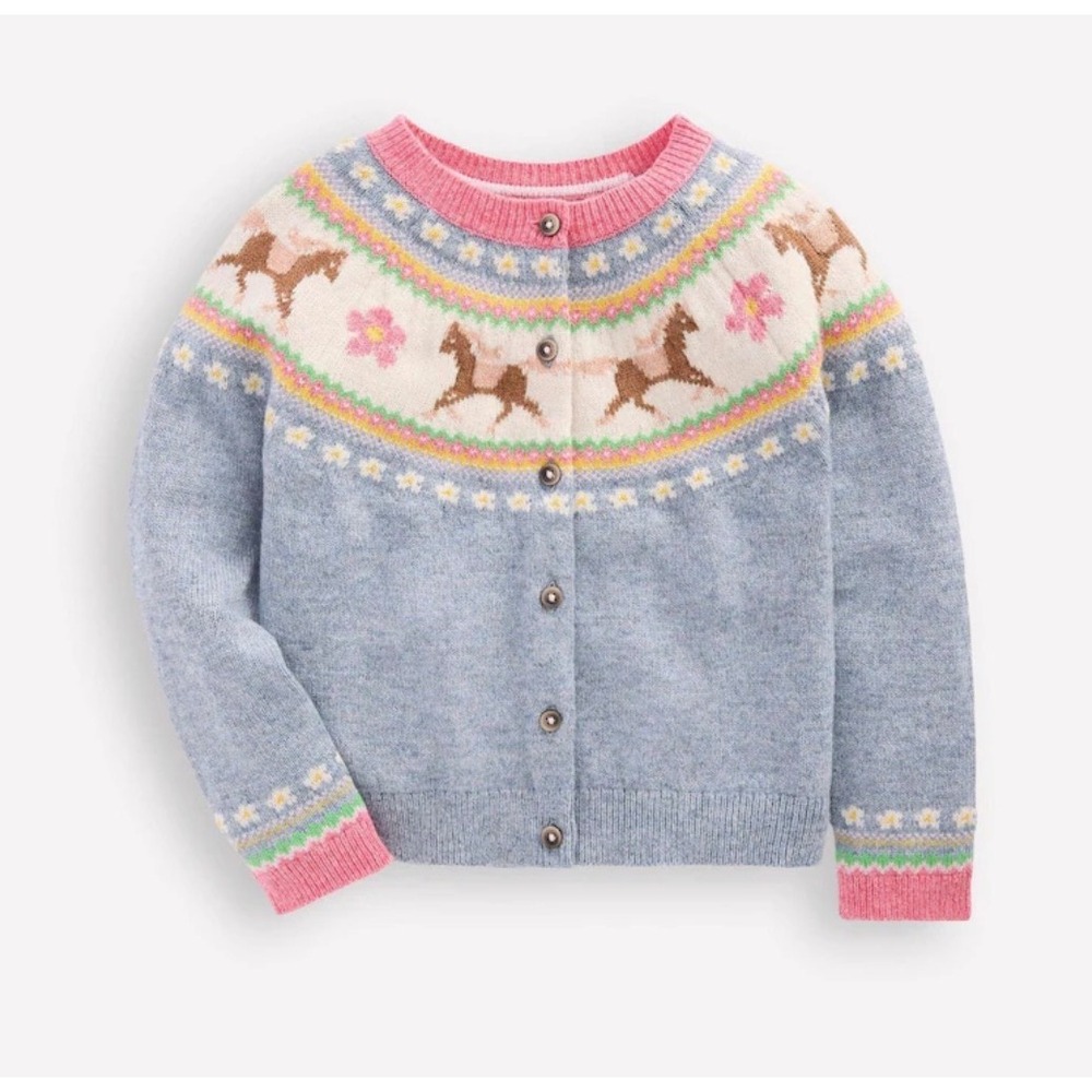 Mini Boden Girls Blue Fair Isle Horse Flower Knit Cardigan Sweater Size 10-11Y
